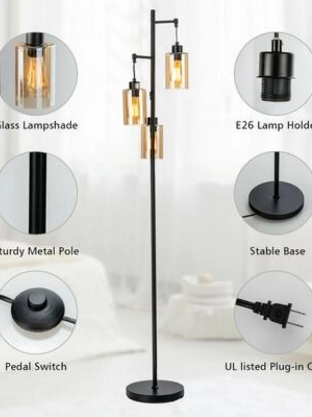Contemporary Amber Glass Lantern Floor Lamp with Black Frame